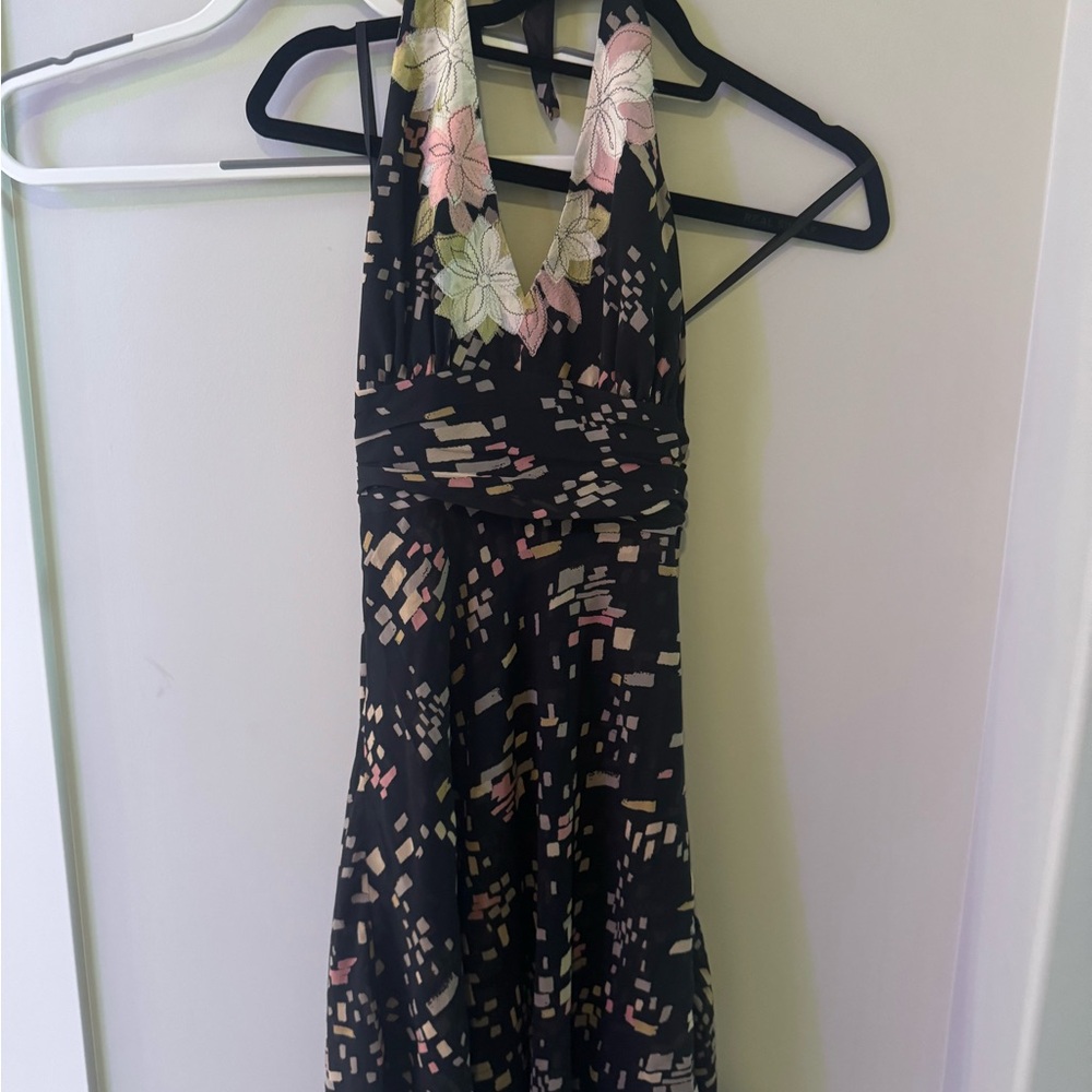 Floral Halter Dress with Geometric Pattern